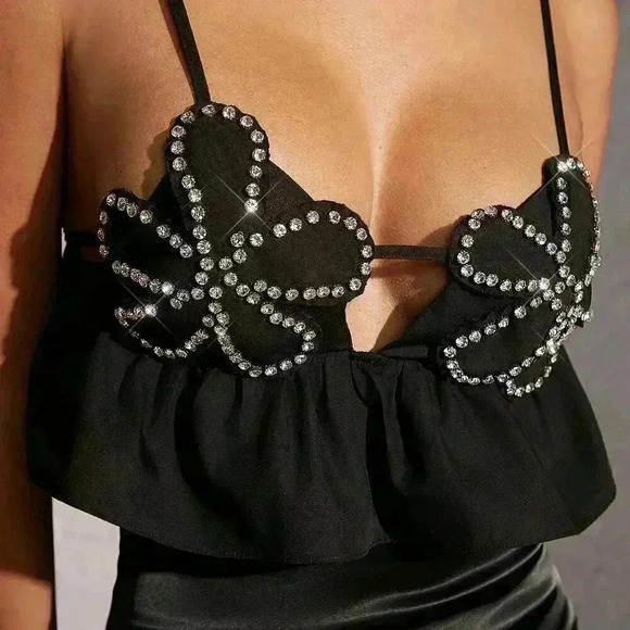 Black Party Women's Rhinestone Floral Ruffle Hem Top - Picture 5 of 5